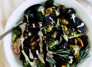 ROASTED APPLES, BEETS, AND BROCCOLI WITH HERB TAHINI SAUCE