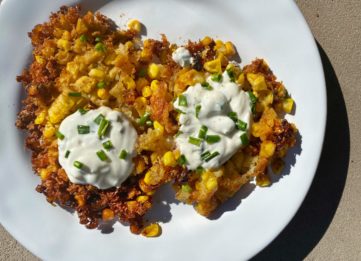 Grilled Corn Fritters with Hot Honey Crema