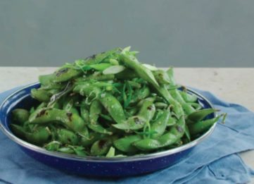 Iron Skillet Charred Edamame with Chile Seed Salt